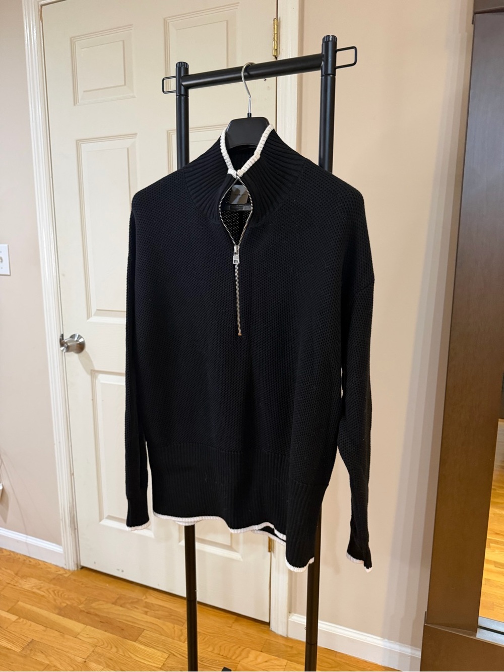 Varley Black V-Neck Half-Zip Sweater with White Trim